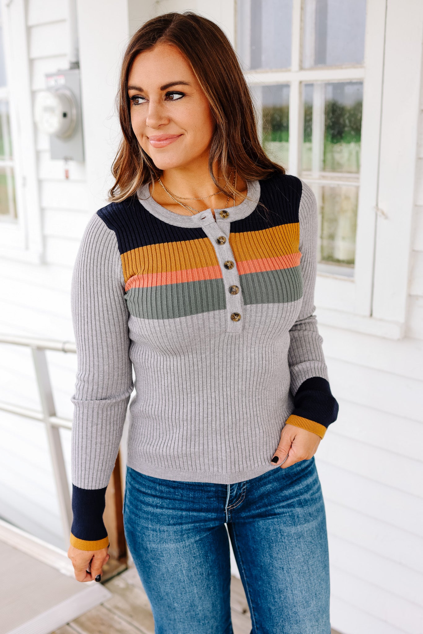 Tiana Ribbed Henley Top - Heather Grey