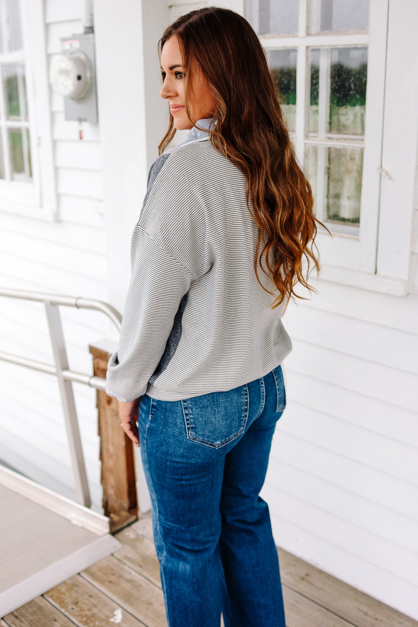 Becca Half Zip Mix Stripe Pullover - Denim