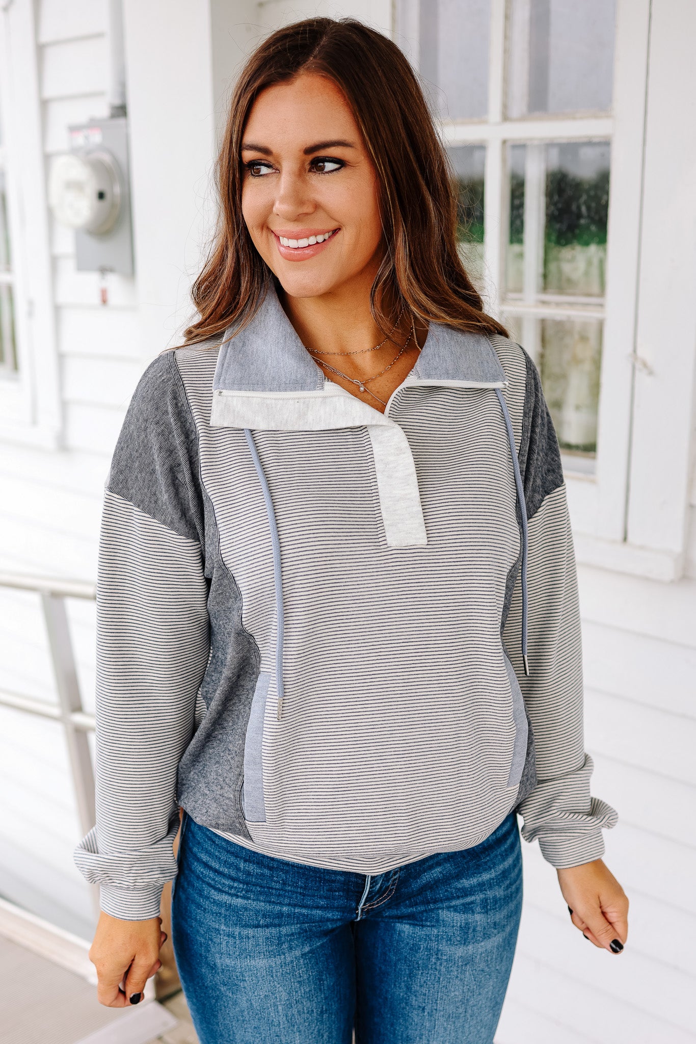 Becca Half Zip Mix Stripe Pullover - Denim