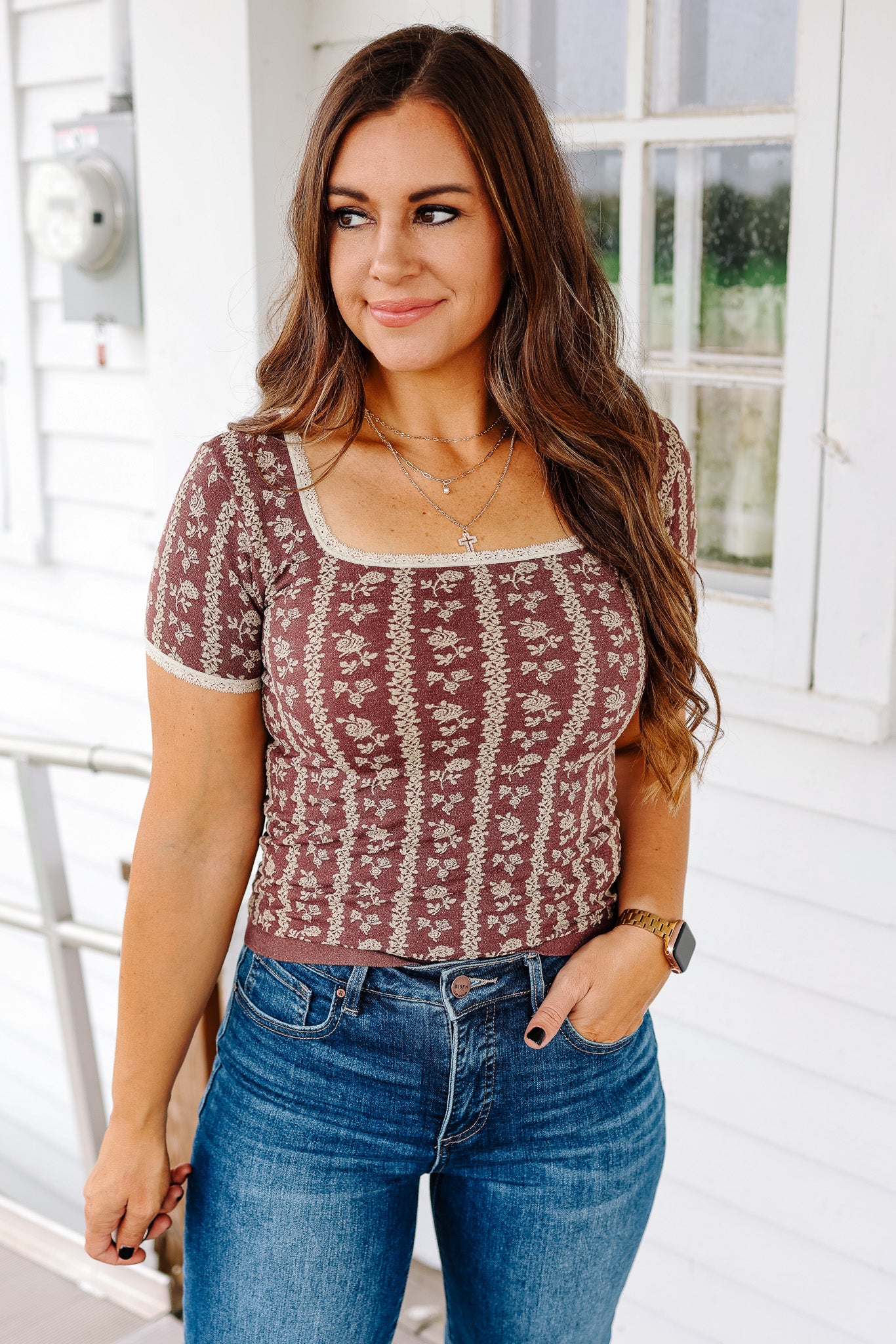 Tatum Lace Trim Floral Top - Eggplant