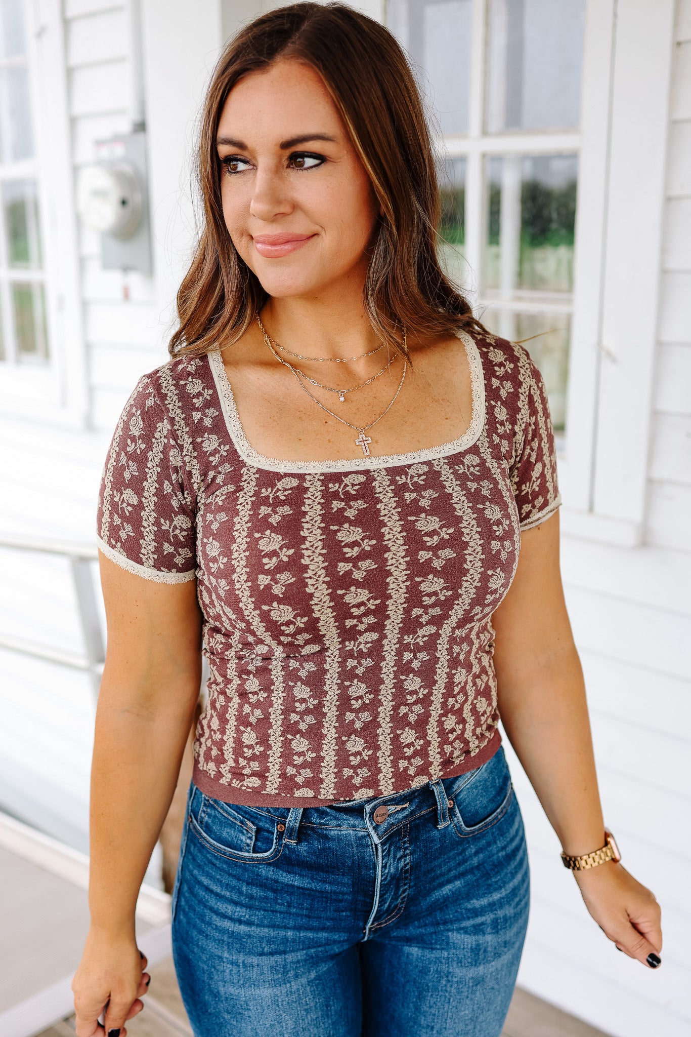 Tatum Lace Trim Floral Top - Eggplant