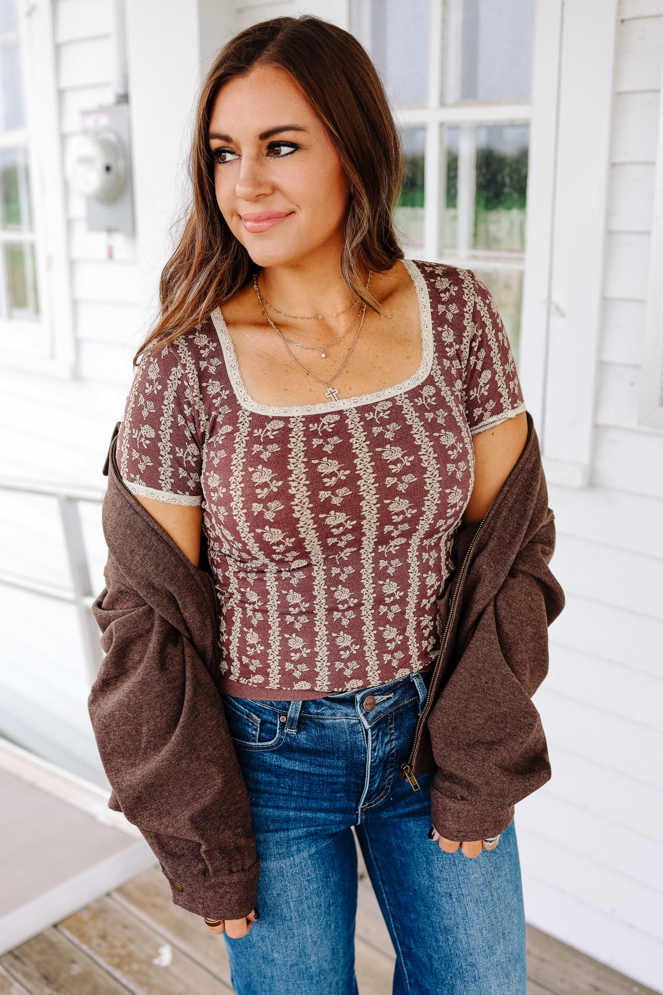 Tatum Lace Trim Floral Top - Eggplant