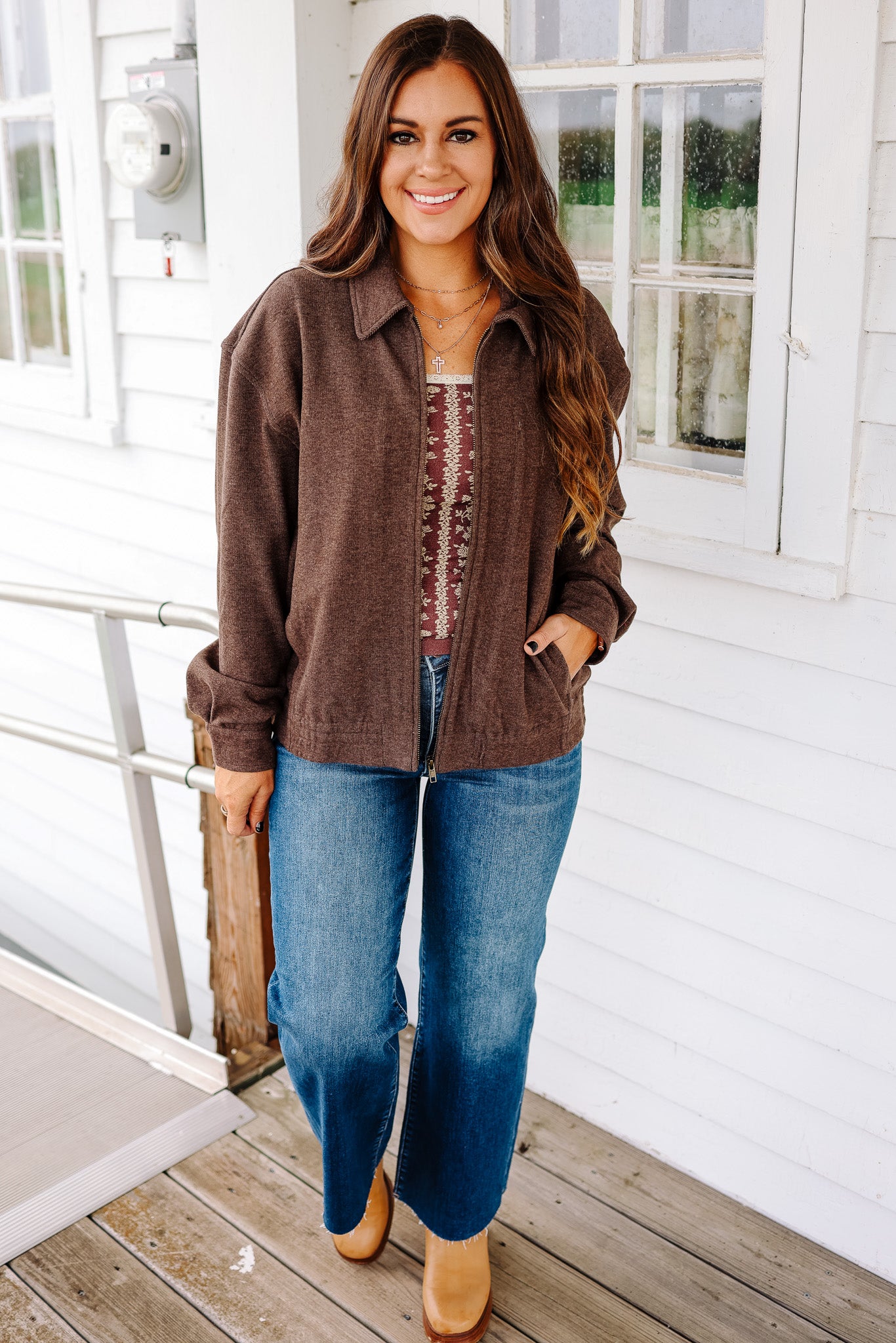 Mica Brushed Jersey Zip Jacket - Coffee