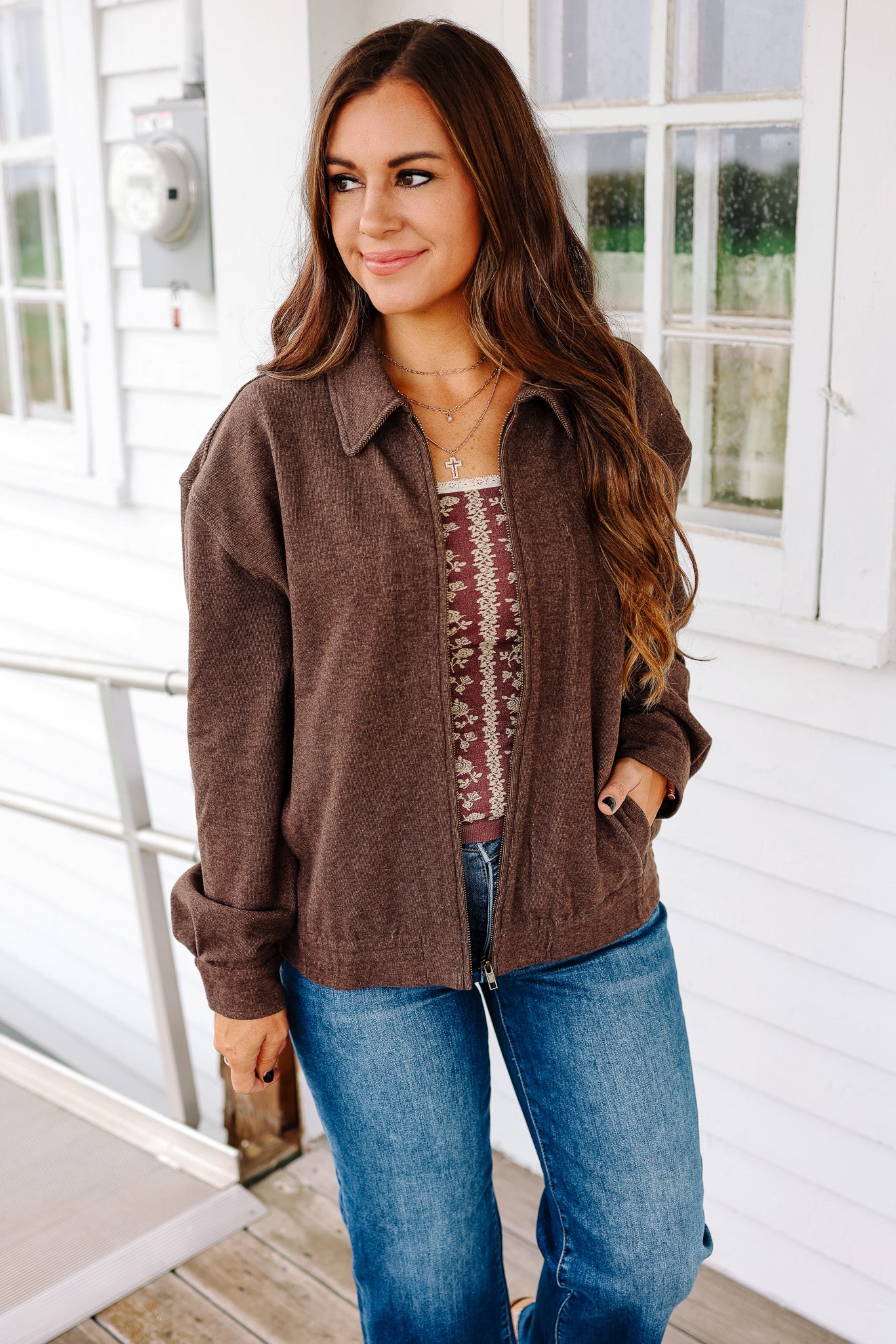 Mica Brushed Jersey Zip Jacket - Coffee