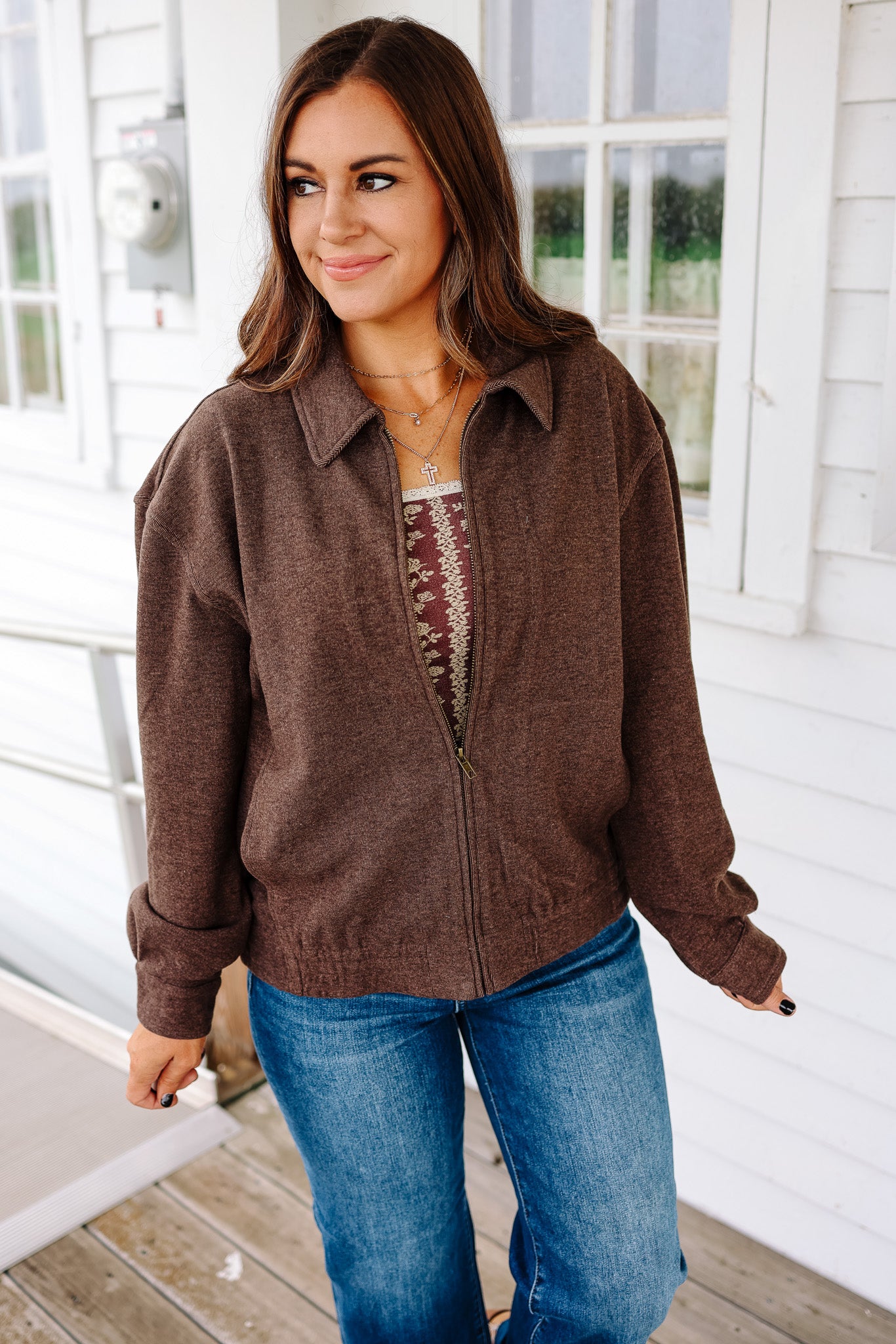 Mica Brushed Jersey Zip Jacket - Coffee