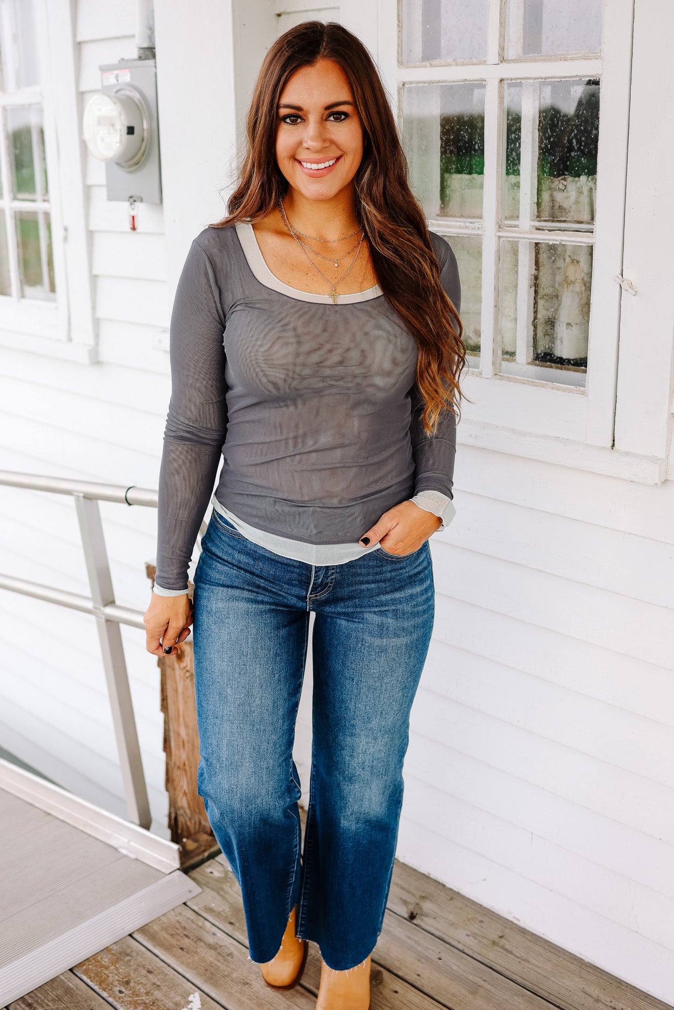 Elisa Double Layer Mesh Top - Slate/Mint