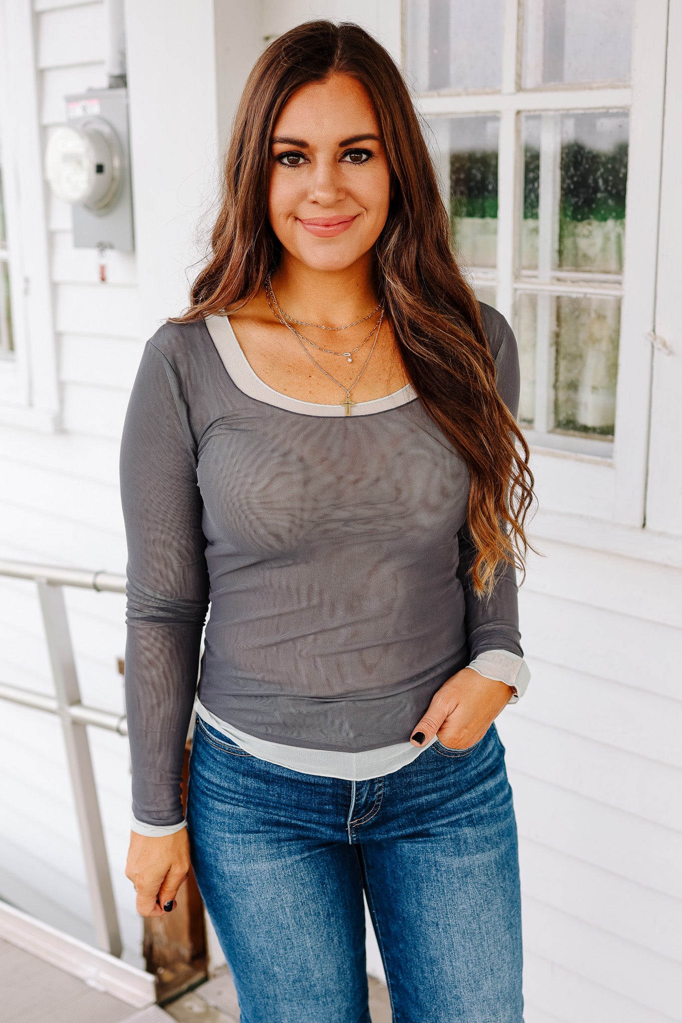 Elisa Double Layer Mesh Top - Slate/Mint