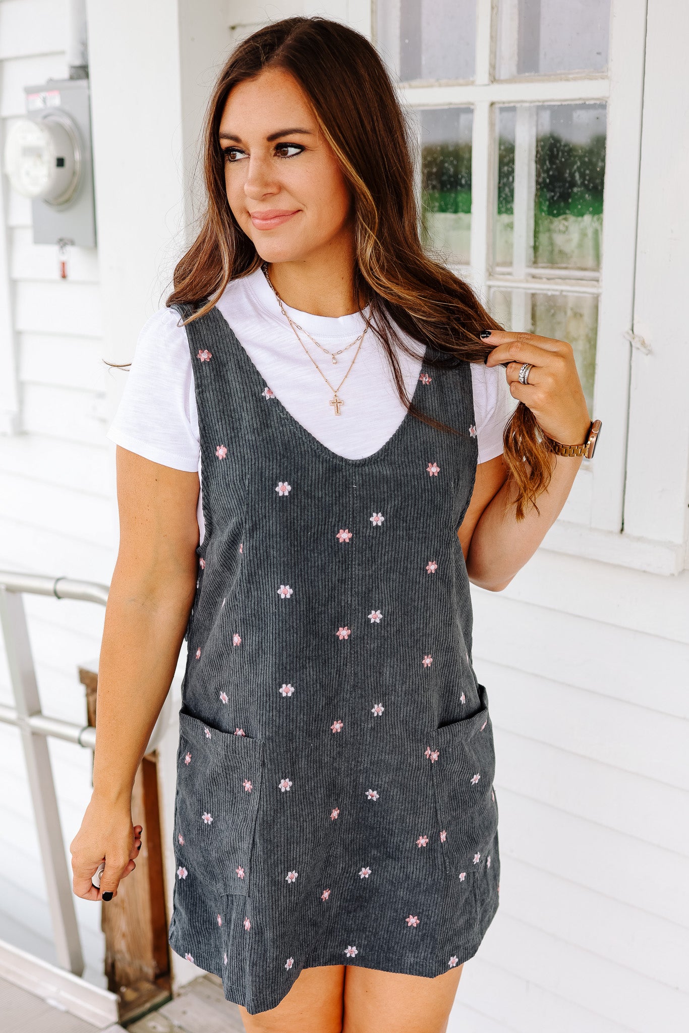 Mya Embroidered Corduroy Overall Dress - Teal