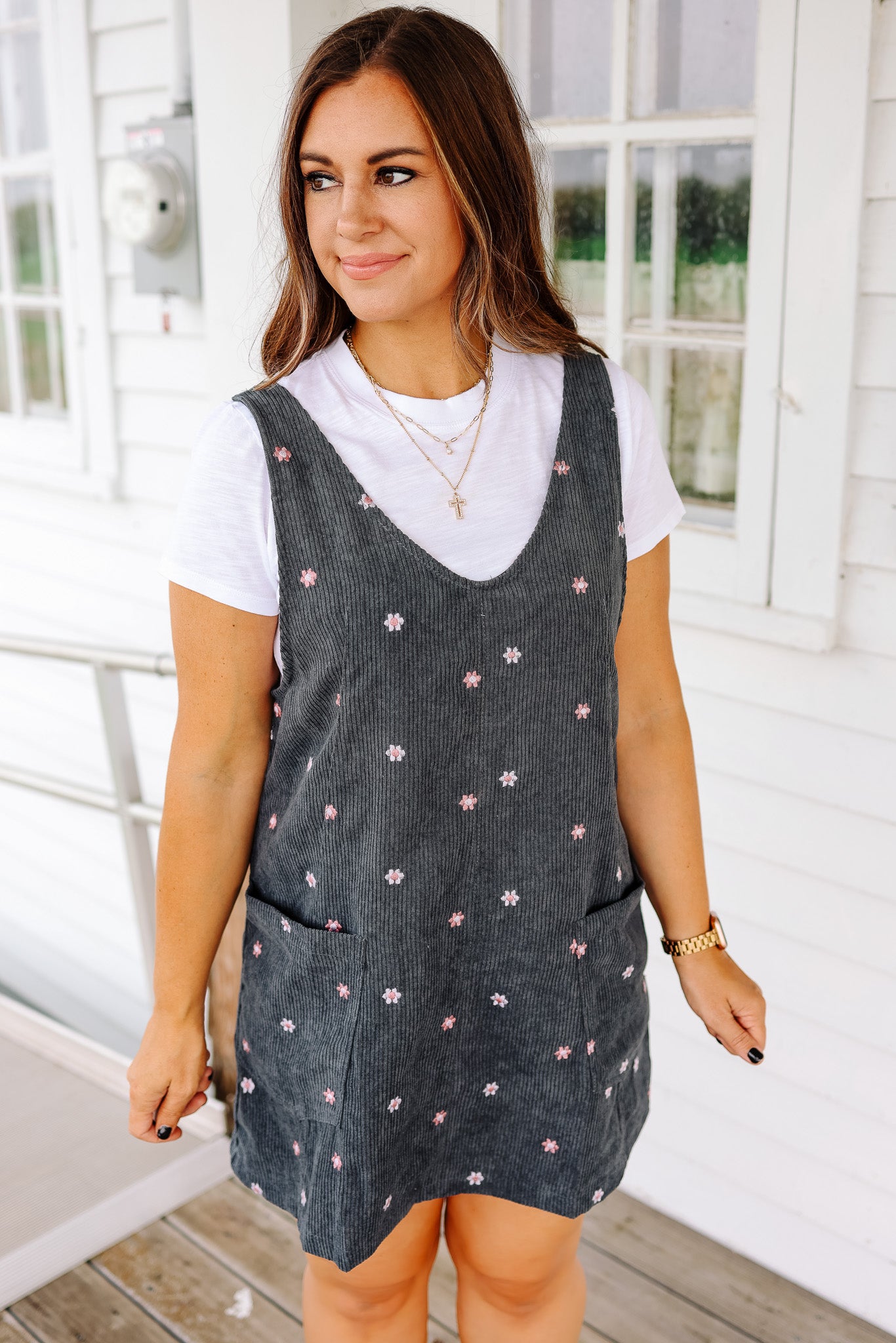 Mya Embroidered Corduroy Overall Dress - Teal