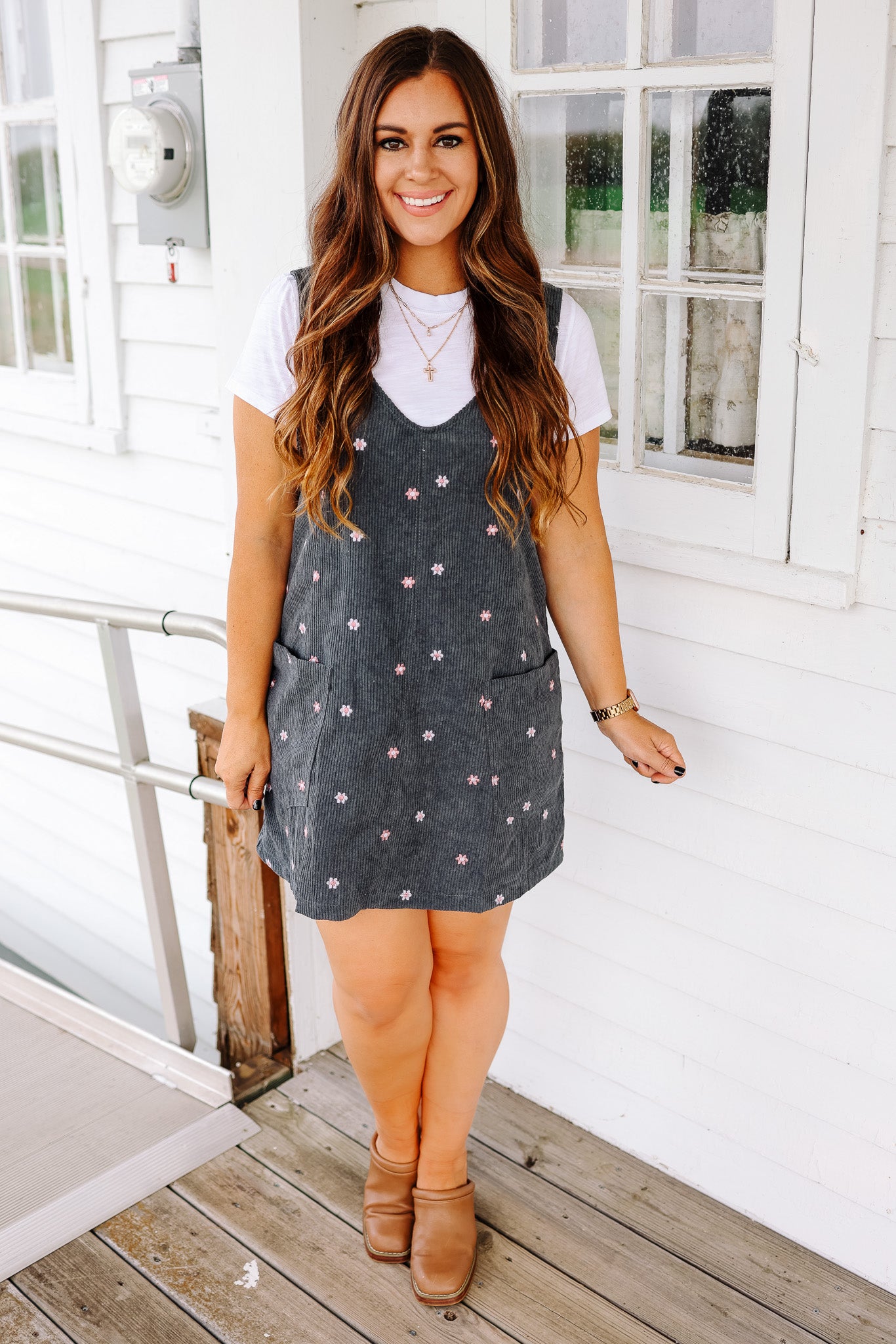 Mya Embroidered Corduroy Overall Dress - Teal