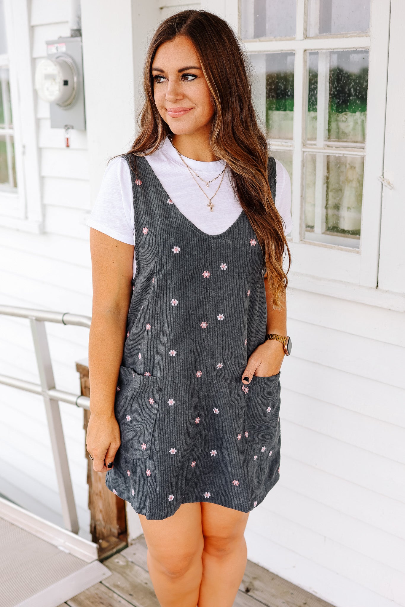 Mya Embroidered Corduroy Overall Dress - Teal