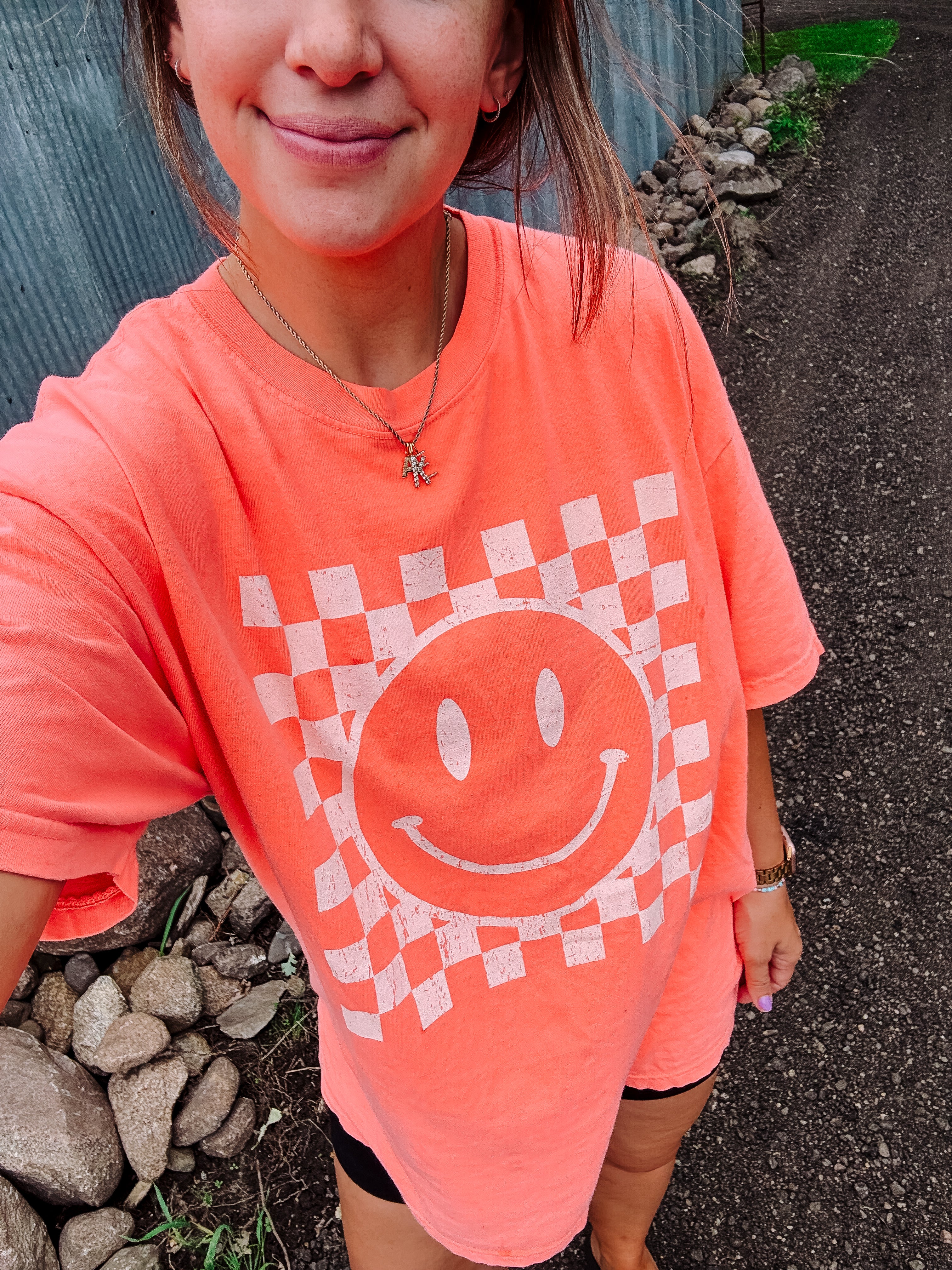 Distressed Checkered Happy Face Graphic Tee - Neon Red Orange