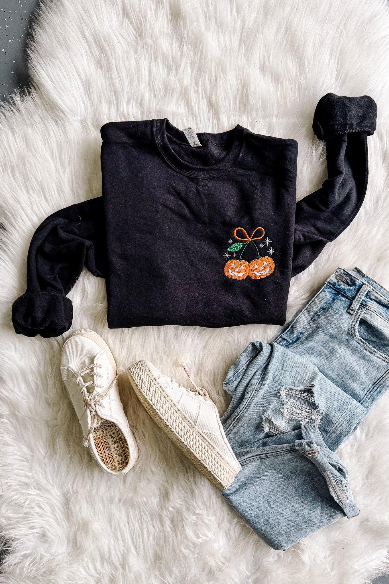 Pumpkin Cherries Embroidered Shirt - Black