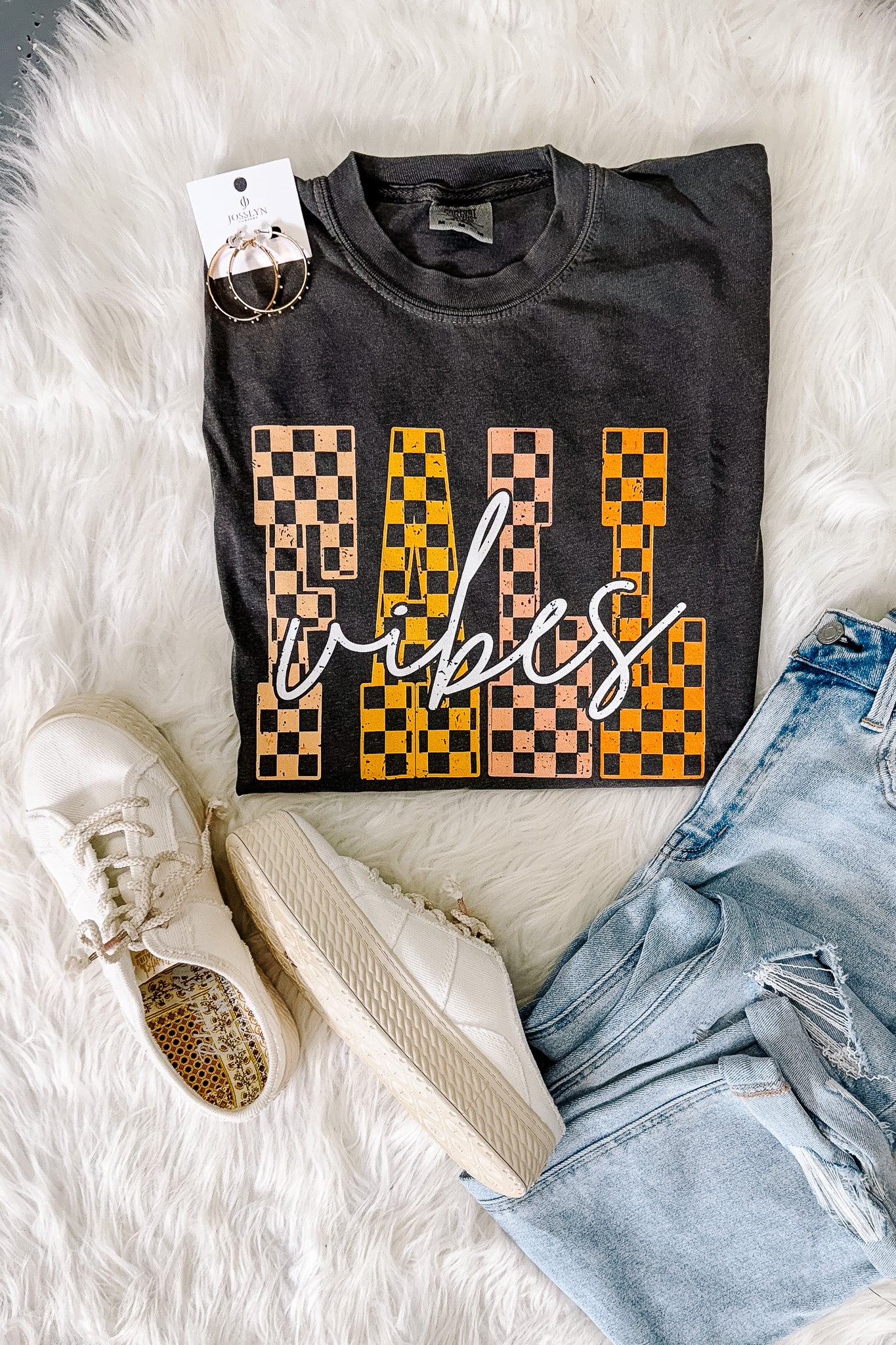 Fall Vibes Checkered Graphic Tee - Pepper