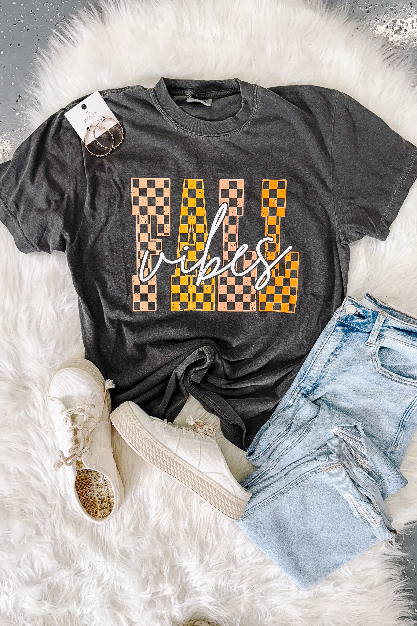 Fall Vibes Checkered Graphic Tee - Pepper