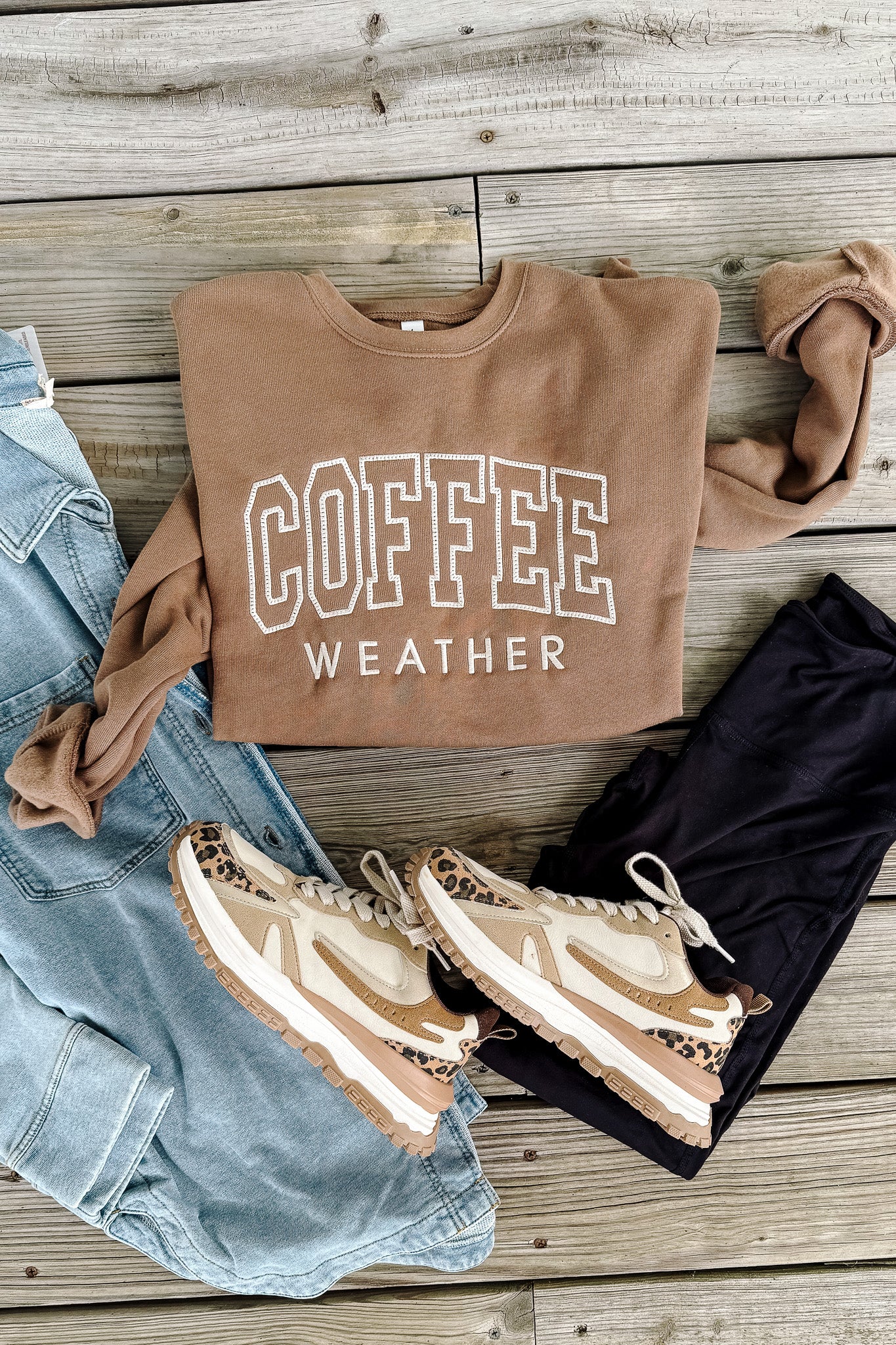 Embroidered Coffee Weather Graphic Sweatshirt - Vintage Brown