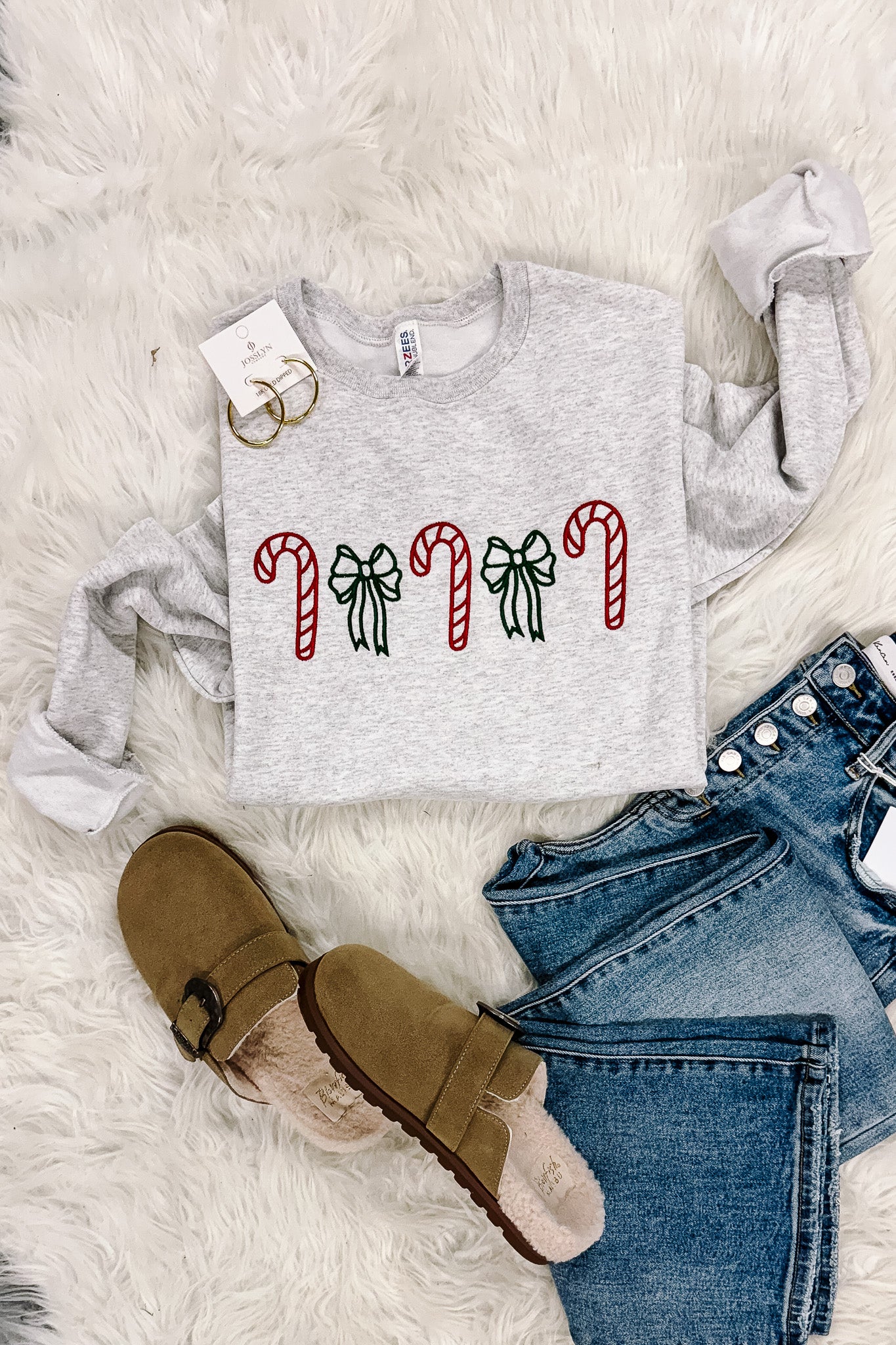 Candy Canes & Bows Embroidered Sweatshirt - Ash Grey